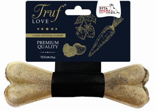 TrufLOVE - Kość do żucia dla psa o smaku trufli letniej i truskawki. Unikalna formuła z polskim gryzakiem, skórą wołową, marchewką i naturalnymi truflami. Zdrowa rozrywka, bezpieczna dla zębów i wrażliwych żołądków.