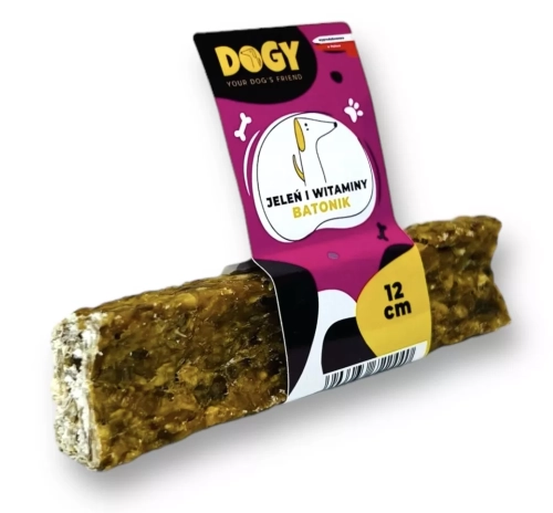 Batonik DOGY, wysoka jakość skóry jelenia, wzbogaconej witaminami A i D3, bez dodatku cukru, glutenu, konserwantów i substancji chemicznych, zapewniające zdrowe zęby i długotrwałą rozrywkę dla psa.